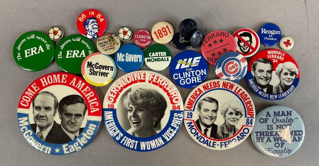 Group of Vintage Political Buttons: Includes Clinton, Mondale, U.S. navy buttons, largest measures 3 1/2"