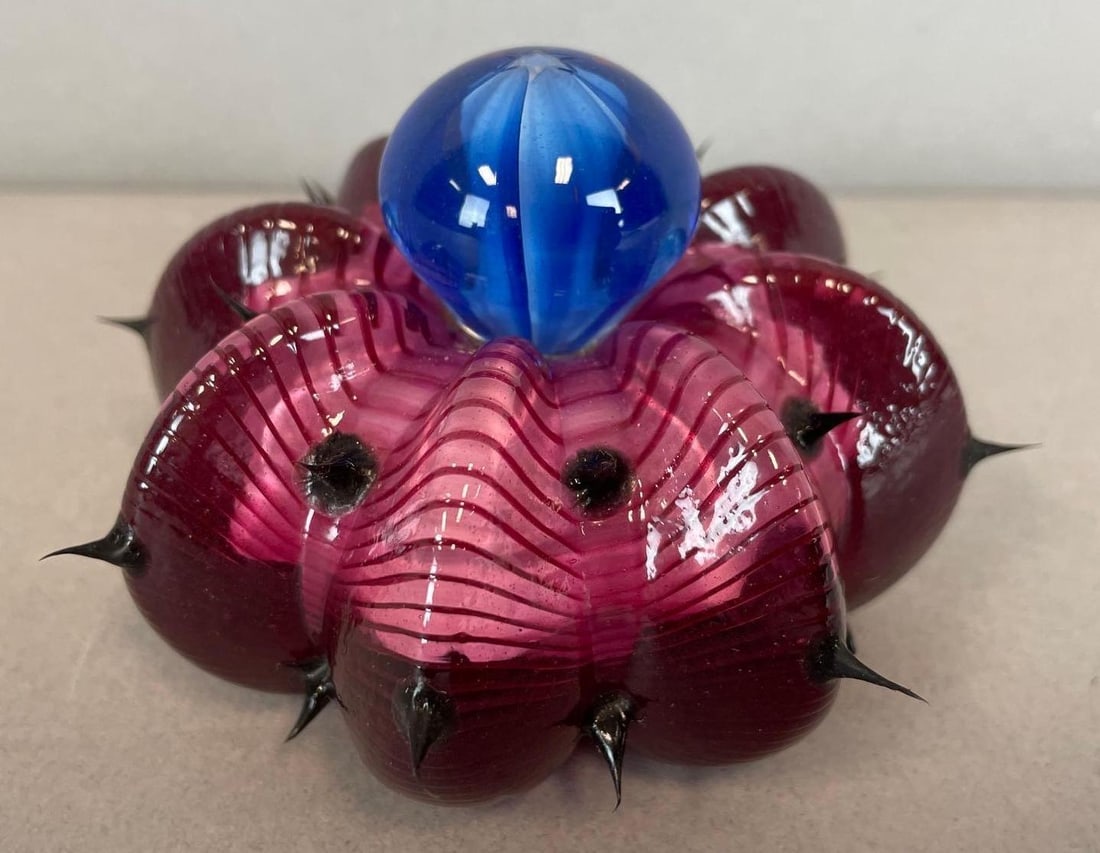 Blown Glass Cactus Flower Paperweight: Silicone spikes, measures 2 1/4" x 3 1/2"