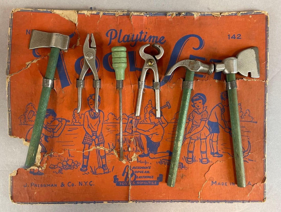 Vintage J. Pressman Playtime Tool Set: Repaired original packaging measures 9" x 12"