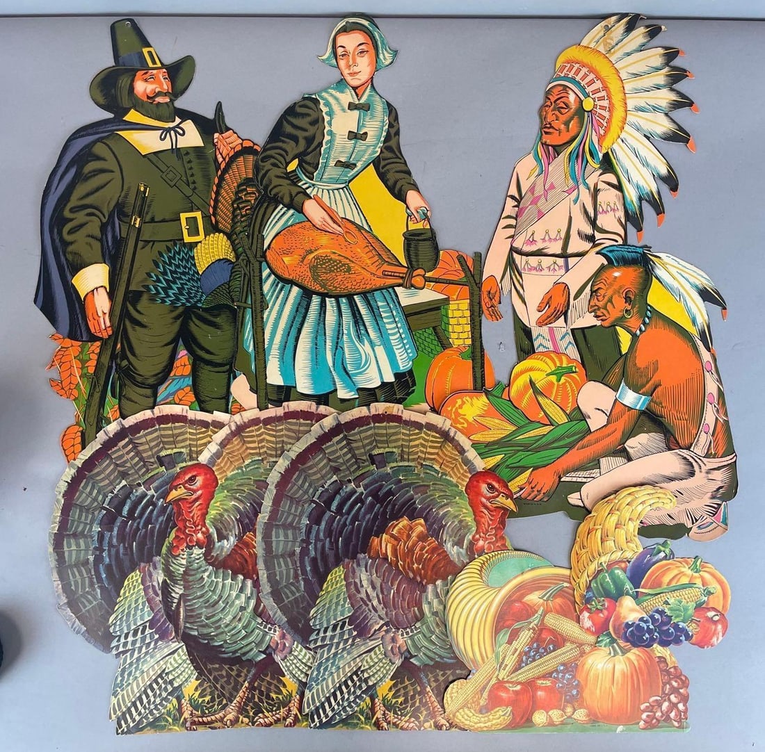 Group of Vintage Paper Thanksgiving Cutouts: Native Americans measures 25 1/2" x 15"