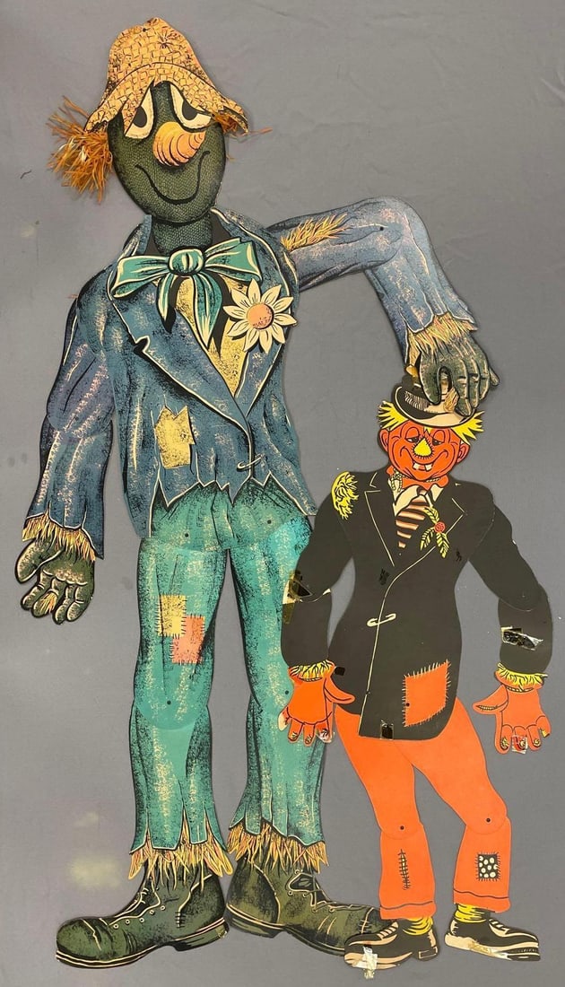 Group of 2 Paper Jointed Halloween Cutouts: Largest scarecrow measures 54 1/2"