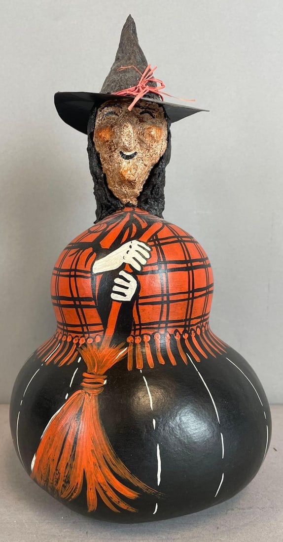 2000 Artist Signed Painted Gourd Halloween Witch Figure: Paper Mache top, measures 11" x 6"
