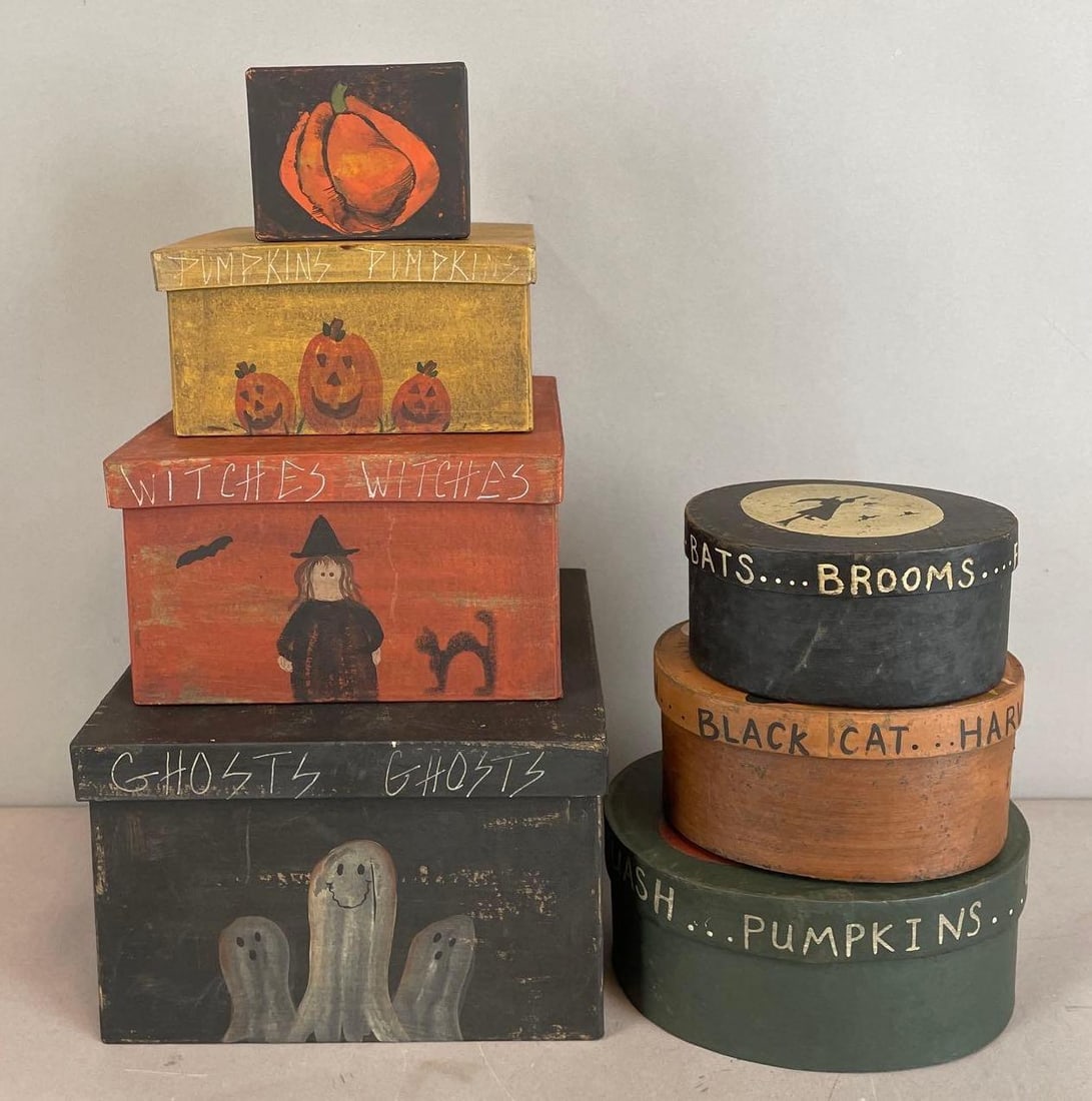 Group of Painted Halloween Stackable Boxes: Largest measures 5" x 8" x 8"