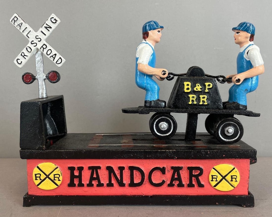 Reproduction Mechanical B and P R.R. Handcar Cast Iron Bank: Working condition, measures 7 1/2" x 9 1/4" x 3"