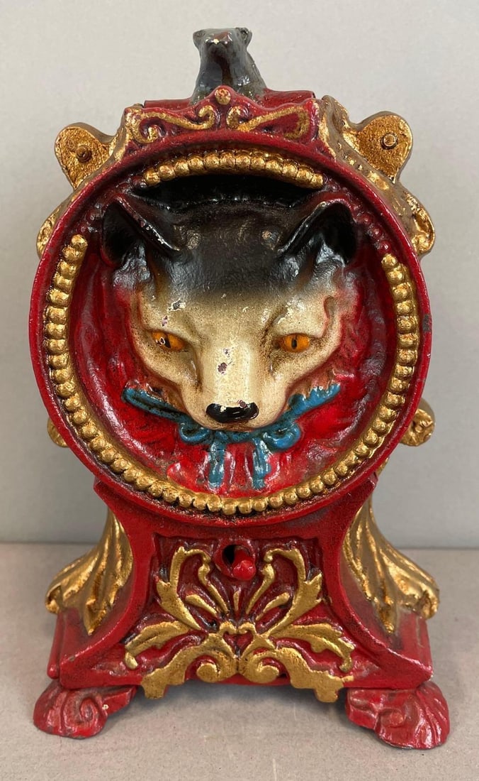 Reproduction Mechanical Cat and Mouse Cast Iron Bank: Working condition, measures 11" x 5" x 4" open