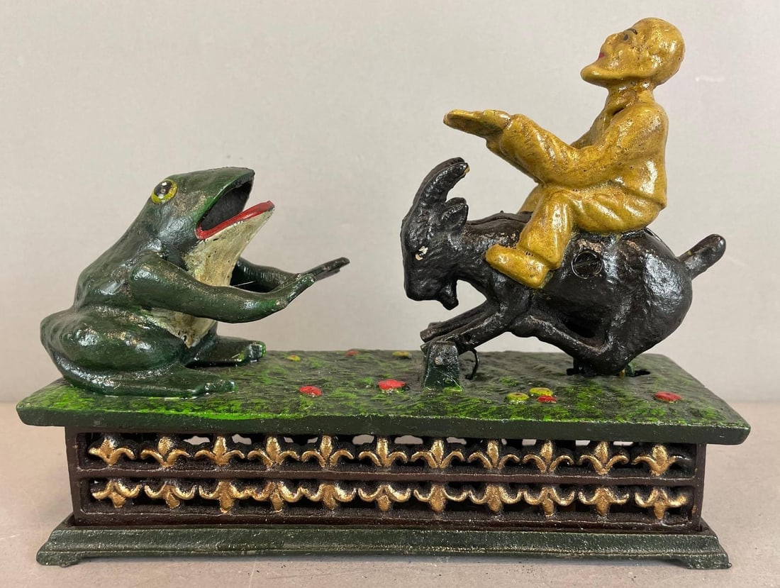 Reproduction Hubley Mechanical Goat and Frog Cast Iron Bank: 1906 reproduction, working condition, measures 6 1/2" x 8 1/2" x 3"
