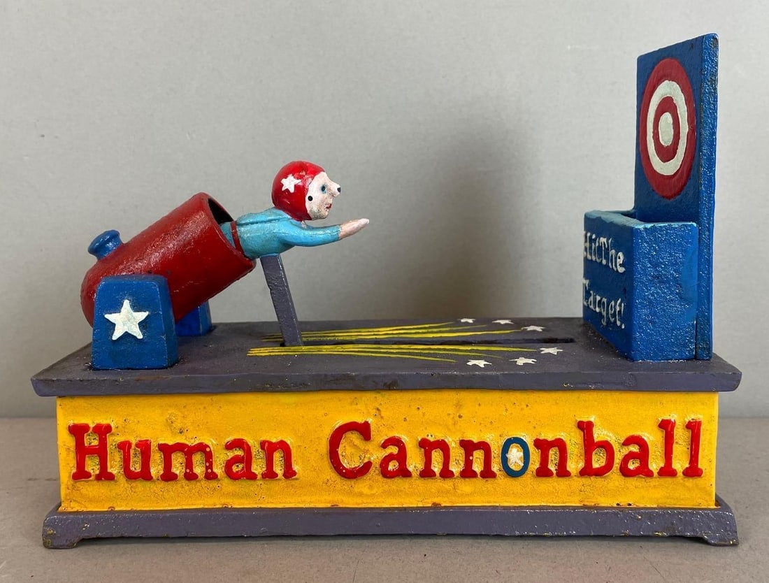 Reproduction C. Hawthorne Mechanical Human Cannonball Cast Iron Bank (1 of 4)