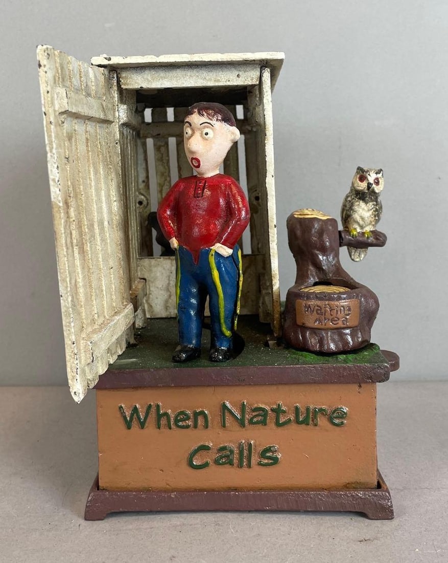 Reproduction Hawthorne Direct Mechanical When Nature Calls Cast Iron Bank: Working condition, missing stopper, measures 7 1/2 x 5 1/2" x 4 3/4"