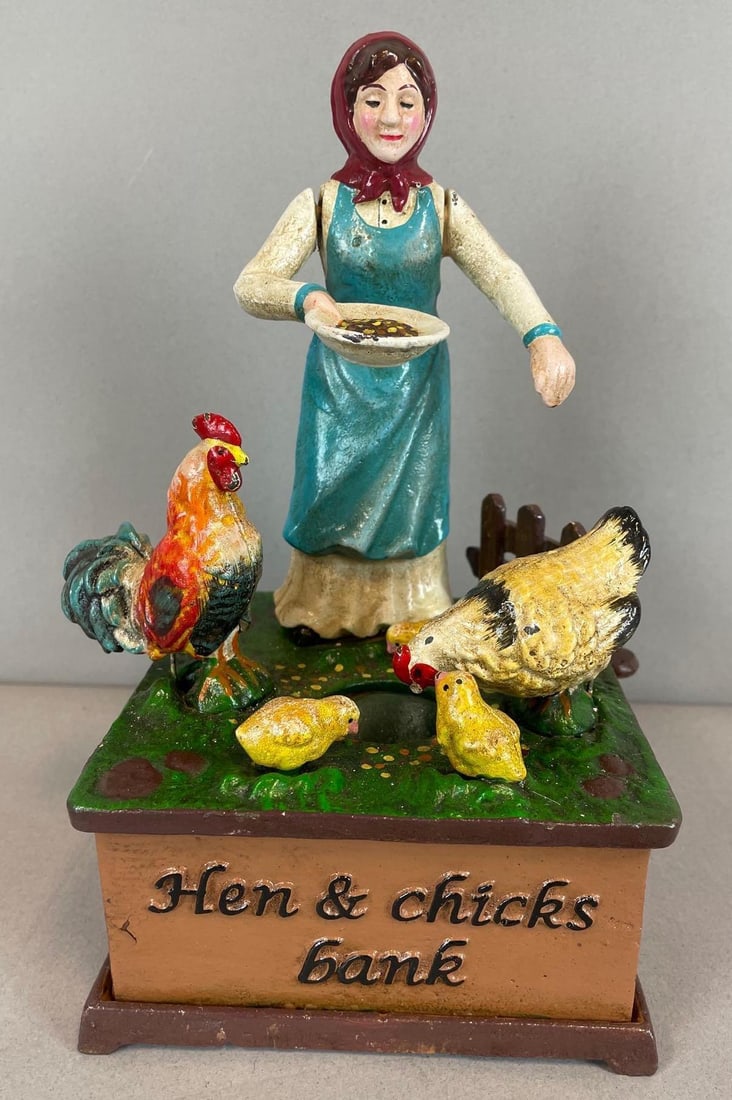 Reproduction Hawthorne Direct Mechanical Hen and Chicks Cast Iron Bank: Working condition, measures 8 1/2" x 6" x 5"