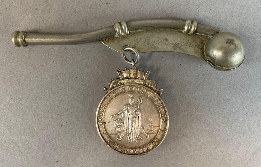 1962 Royal Navy Junior Athletic Championships Swimming Whistle Medal: Team relay , inscribed on whistle, measures 4 1/2" x 2 3/4"