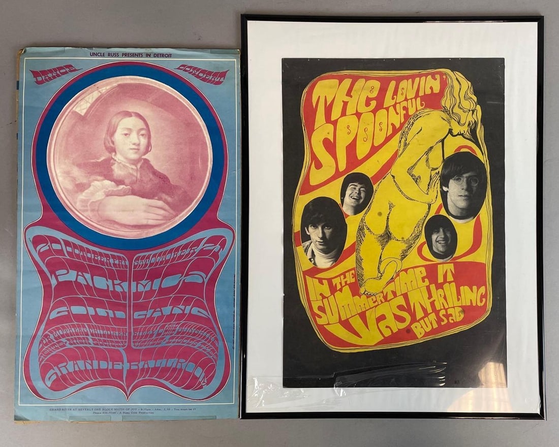 Group of 2 1960s Concert Posters: Includes 1968 the lovin spoonful, 1967 grande ballroom event, frame measures