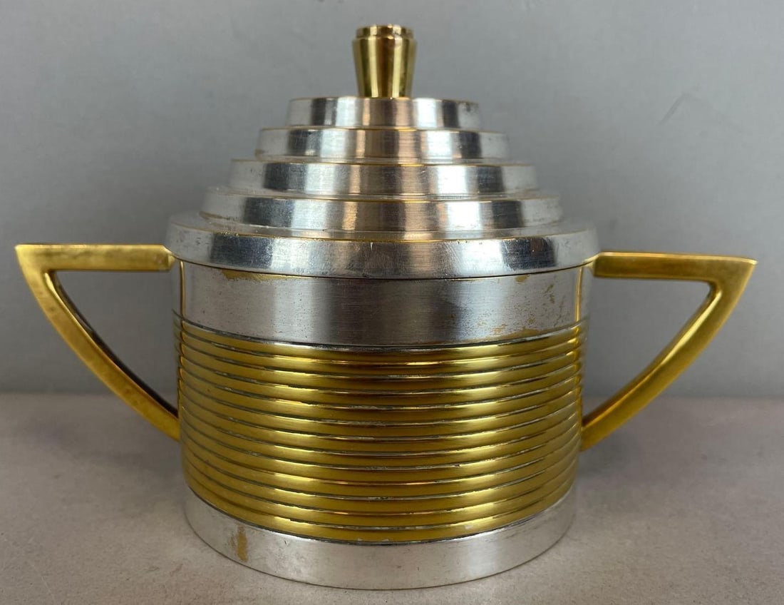 Art Deco Gold and Silver Toned Metal Sugar Bowl: Measures 4" x 7" x 4" with lid