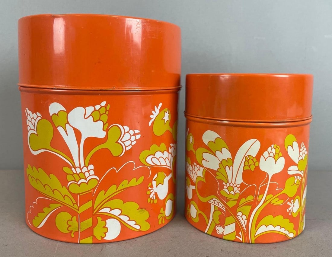 Set of 2 Vintage Orange Floral Canisters: Largest measures 6" x 5"