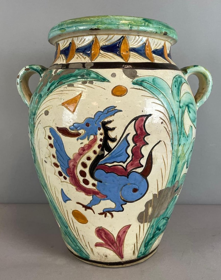 Antique Majolica Dragon Motif Jardiniere: Some repairs and cracks, measures 17" x 12 1/2"