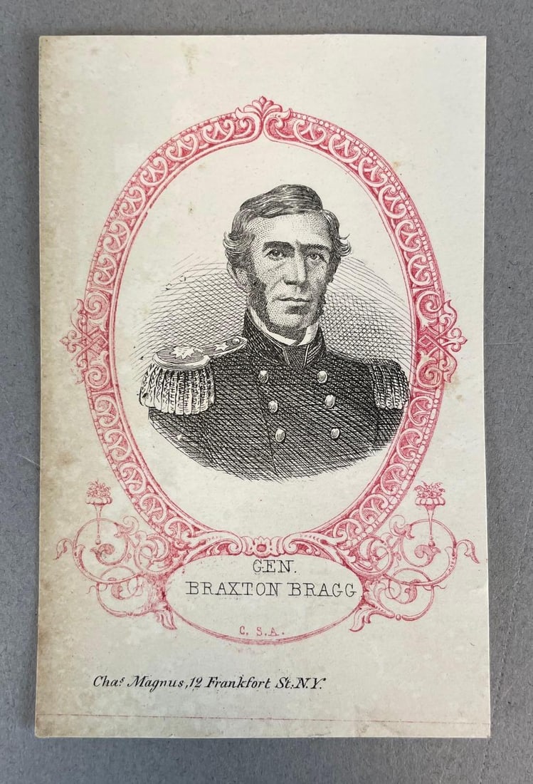 1870s General Braxton Bragg Tobacco Card: CSA, measures 3 3/4" x 2 1/2"
