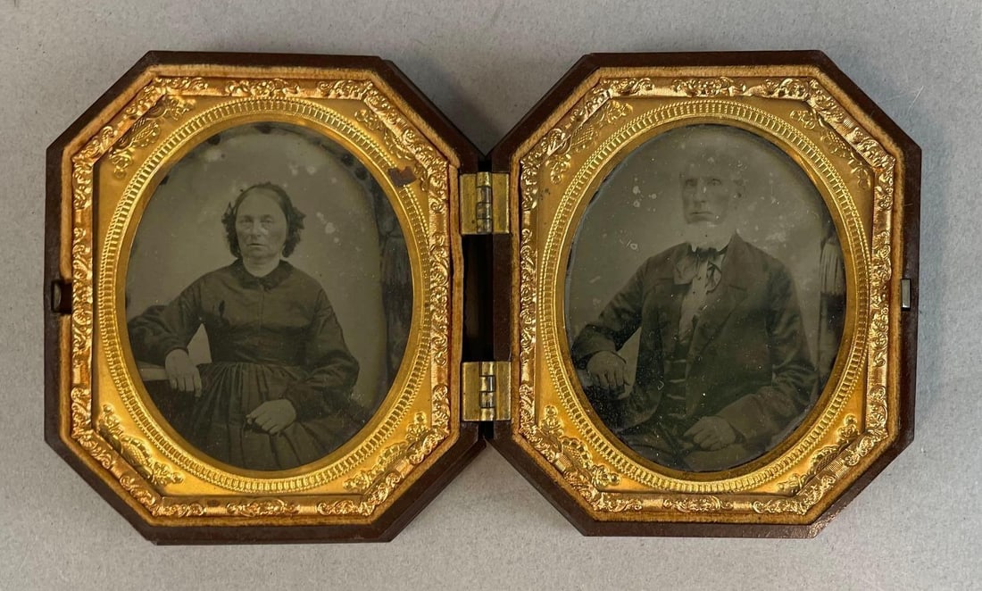 Antique Double-Sided Union Case with Tin-Type Photos: One hinge pulls out from frame, open measures 3 3/4" x 6 1/2"