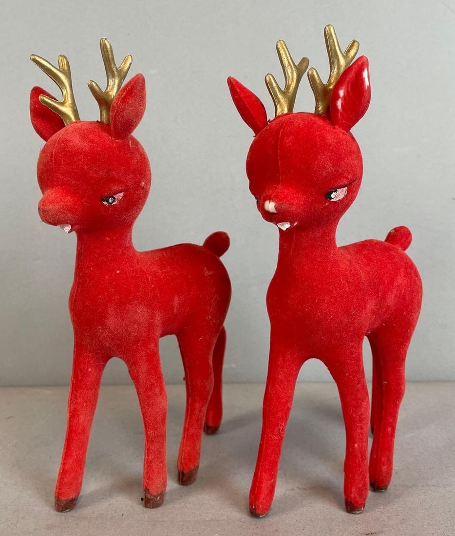 Group of 2 1950s Flocked Red Christmas Reindeer: Each measure 8" tall