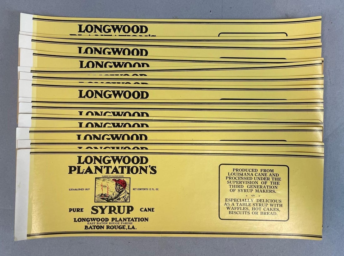 Group of Vintage Unused Longwood Plantation's Syrup Labels: Black Americana advertising, each measure 3 1/4" x 11"