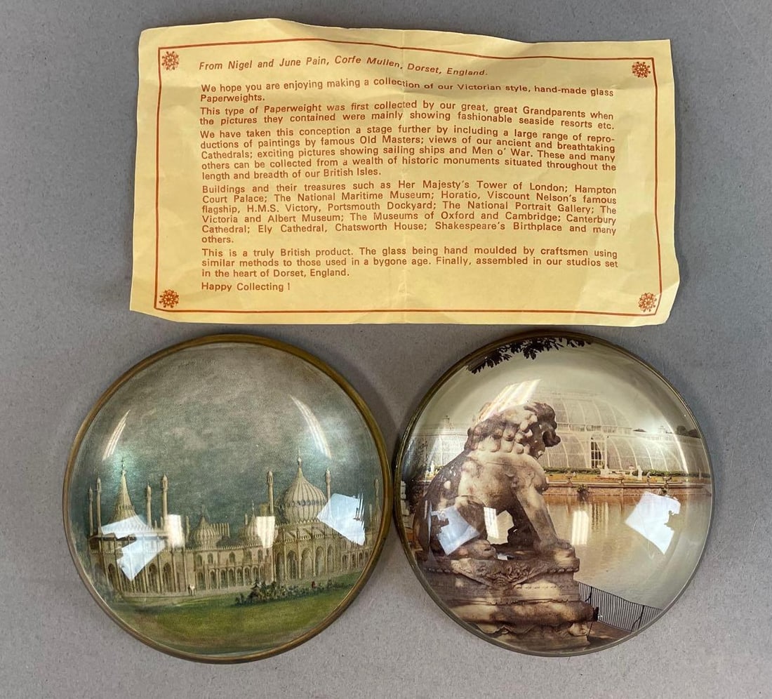 Group of 2 Nigel Pain British Building Glass Paperweights: Includes royal botanical gardens, the royal pavilion, each measure 1" x 3 1/2"