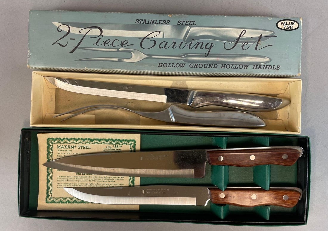 Group of Vintage Carving Knives: Includes Japanese set, maxam set box measures 4 1/2" x 15"