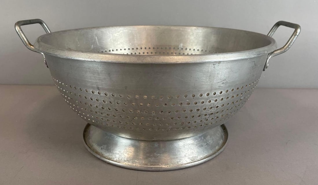 Vintage Industrial Aluminum Colander: Measures 9" x 20" x 17 1/4"