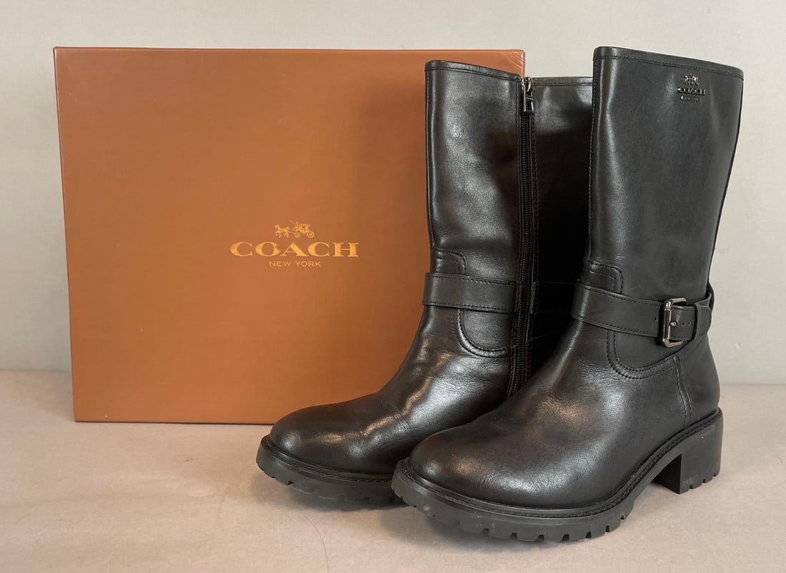 Pair of Coach Mens Genie Matte Black Calf Zip Boots: Size 7.5 M, original packaging
