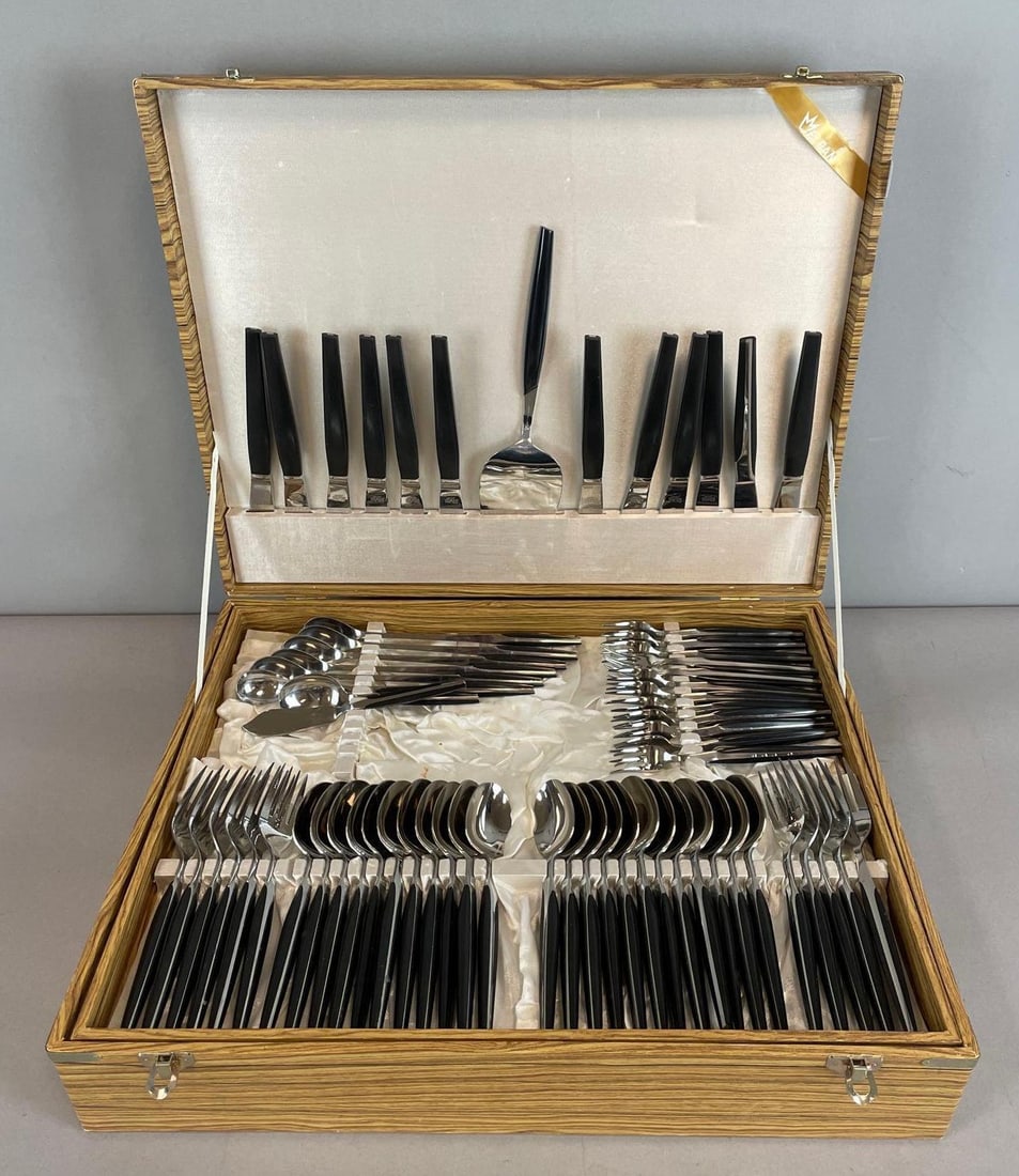 Elden Flatware Set with Case: Service for 12, some pieces missing, case measures 4" x 18" x 14 1/2"