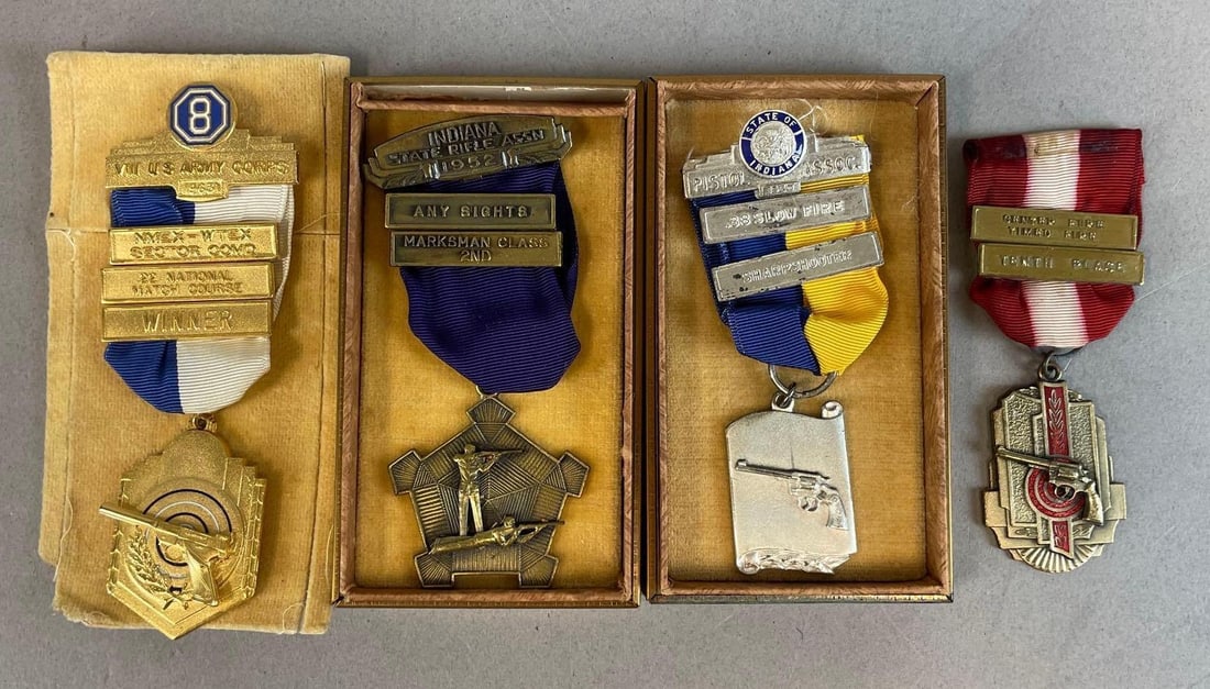 Group of Vintage Firearm Championship Medals: Includes 1952 Indiana state rifle association, 1963 Viii army corps