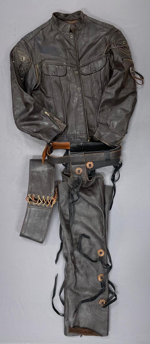 Custom Brown Leather Motorcycle Outfit: Jacket sleeves zip off, size large, includes chaps and back belt, chaps measure 40 1/2" from top of 41" belt
