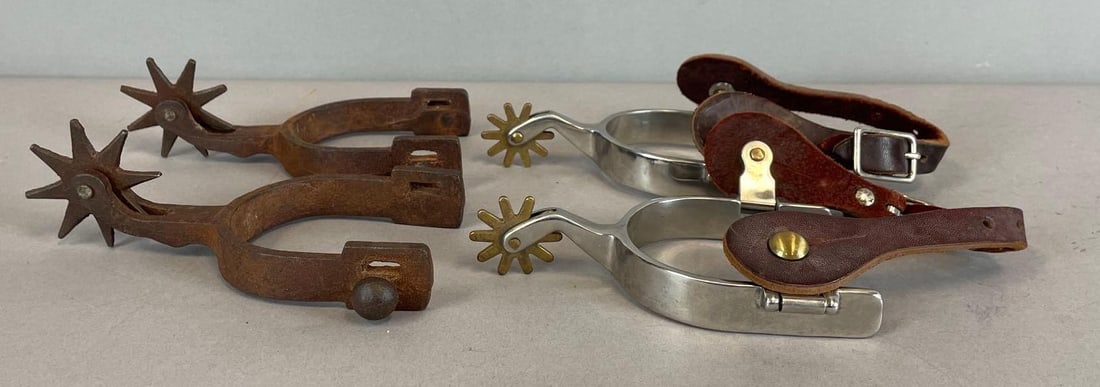 2 Pairs of Cowboy Boot Spurs: Includes brass and stainless set with leather straps