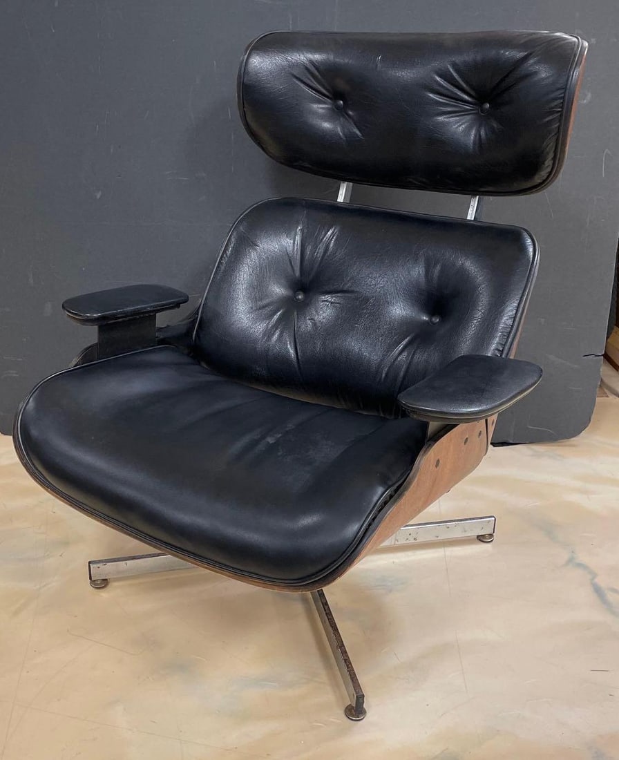 Vintage Selig Plycraft Black Leather Eames Style Lounge Chair: No in-house shipping available, 3rd party shipper recommended. Some cracks in back and headrest leather, seat leather likely replaced, measures 36 1/2" x 32" x 31"