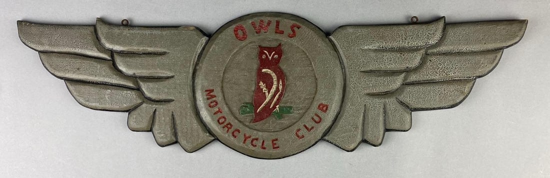 Vintage Owls Motorcycle Club Hanging Sign: Painted wood. Measures L 21 x W 6 inches.