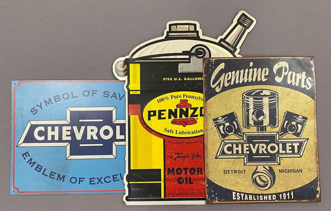 Group of 3 Modern Automotive Advertising Signs: Includes Chevrolet and Pennzoil signs. Largest measures L 21 x W 13 inches.