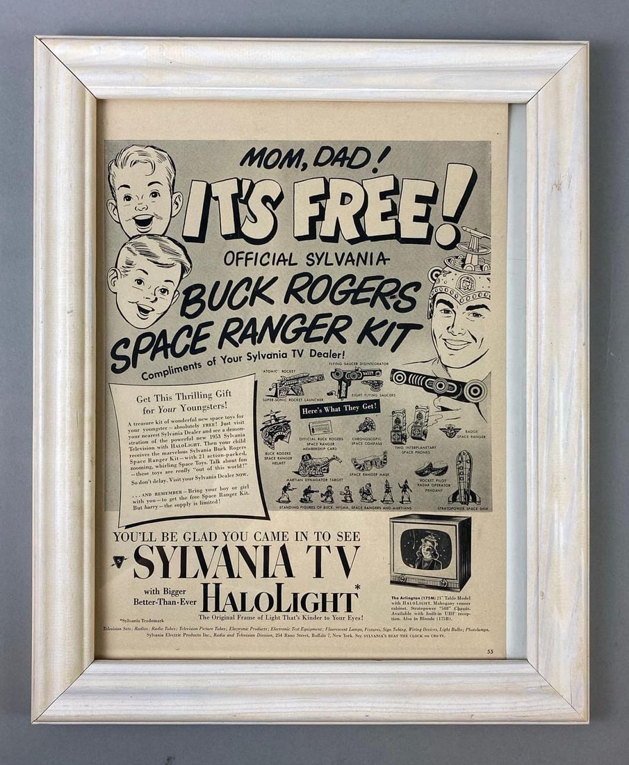 Vintage Framed Buck Rogers Sylvania Advertising Print: Measures L 16 1/2 x W 13 1/2 inches.