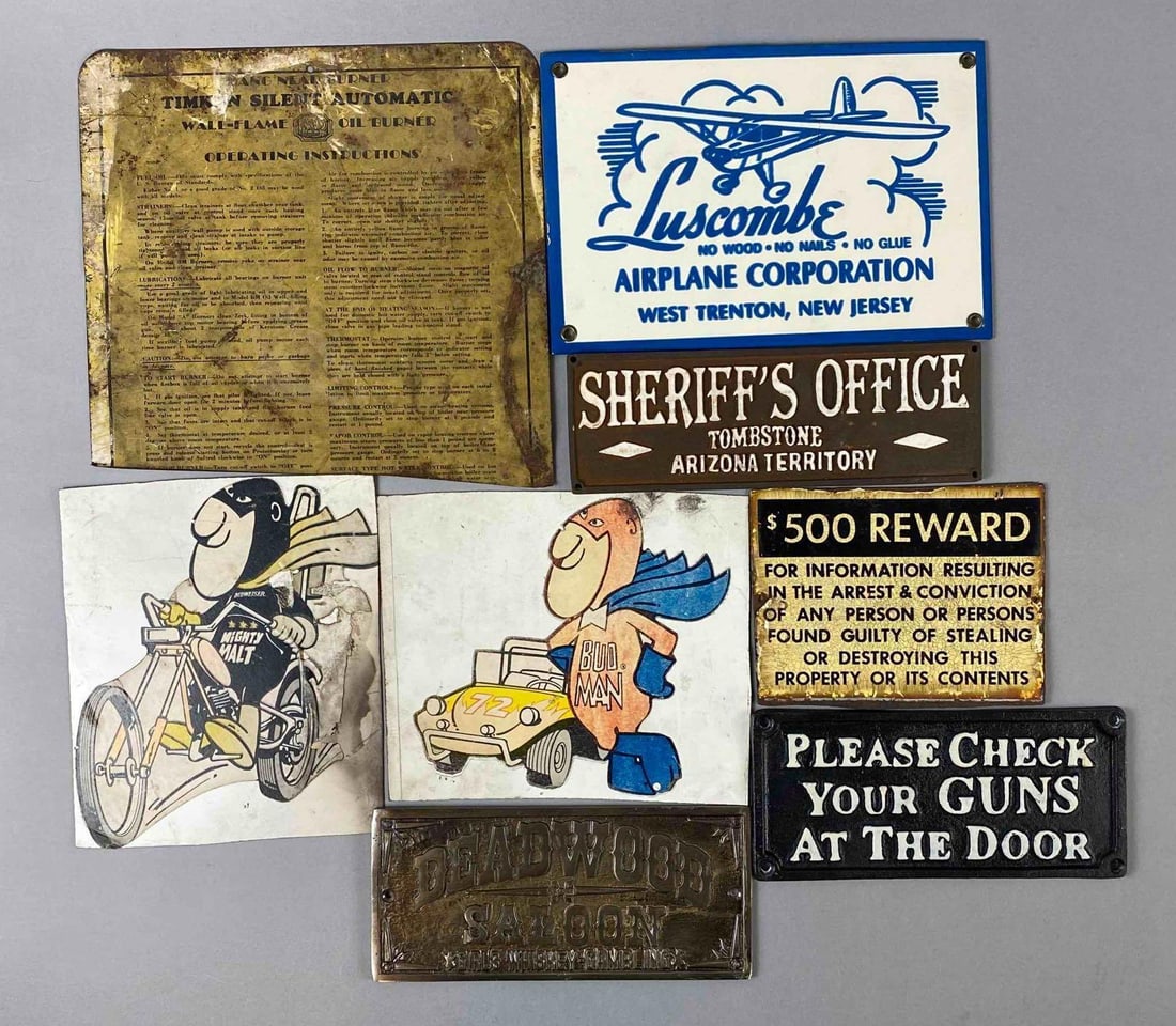 Group of Assorted Western Themed Plaques and More: Includes Bud Man metal signs, porcelain enamel Luscombe plaque, and more. Largest measures L 9 x W 9 inches.