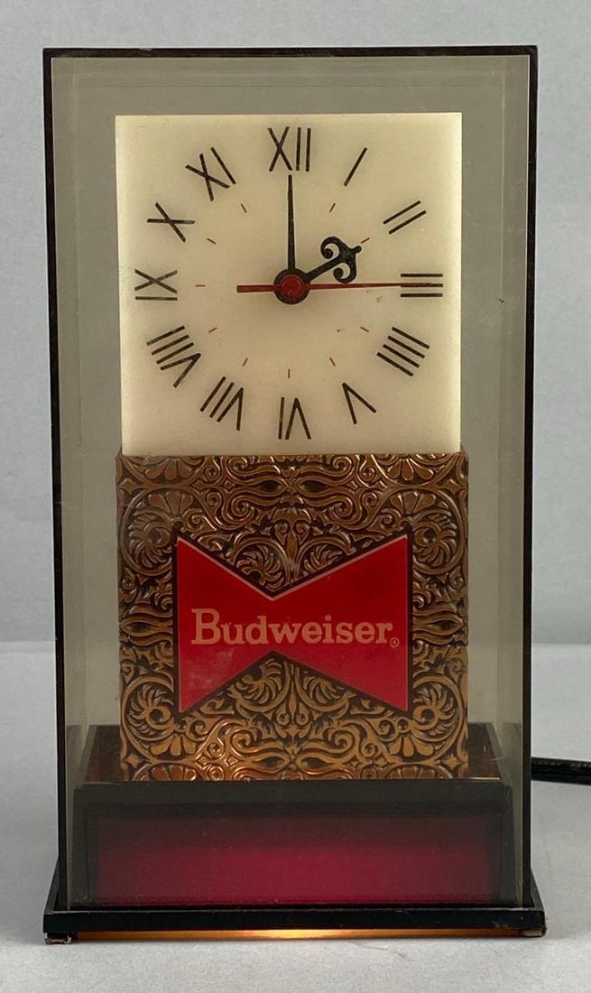 Vintage Budweiser Advertising Light Up Display Register Clock: Testing and working. Measures H 9 x W 3 x L 5 inches.