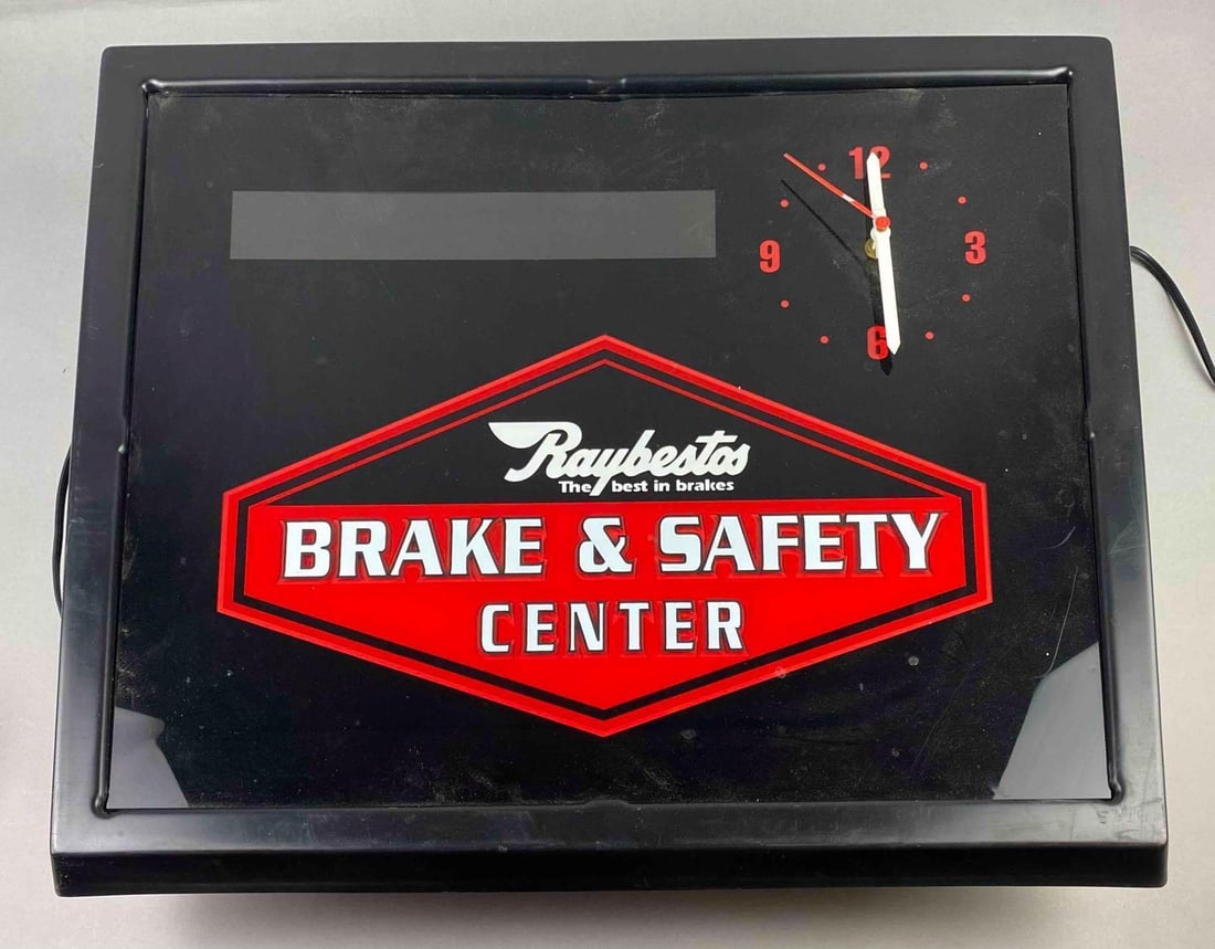 Raybestos Brake and Safety Light up Advertising Display: Lights up but clock does not work. Measures H 19 x W 4 x L 23 inches.