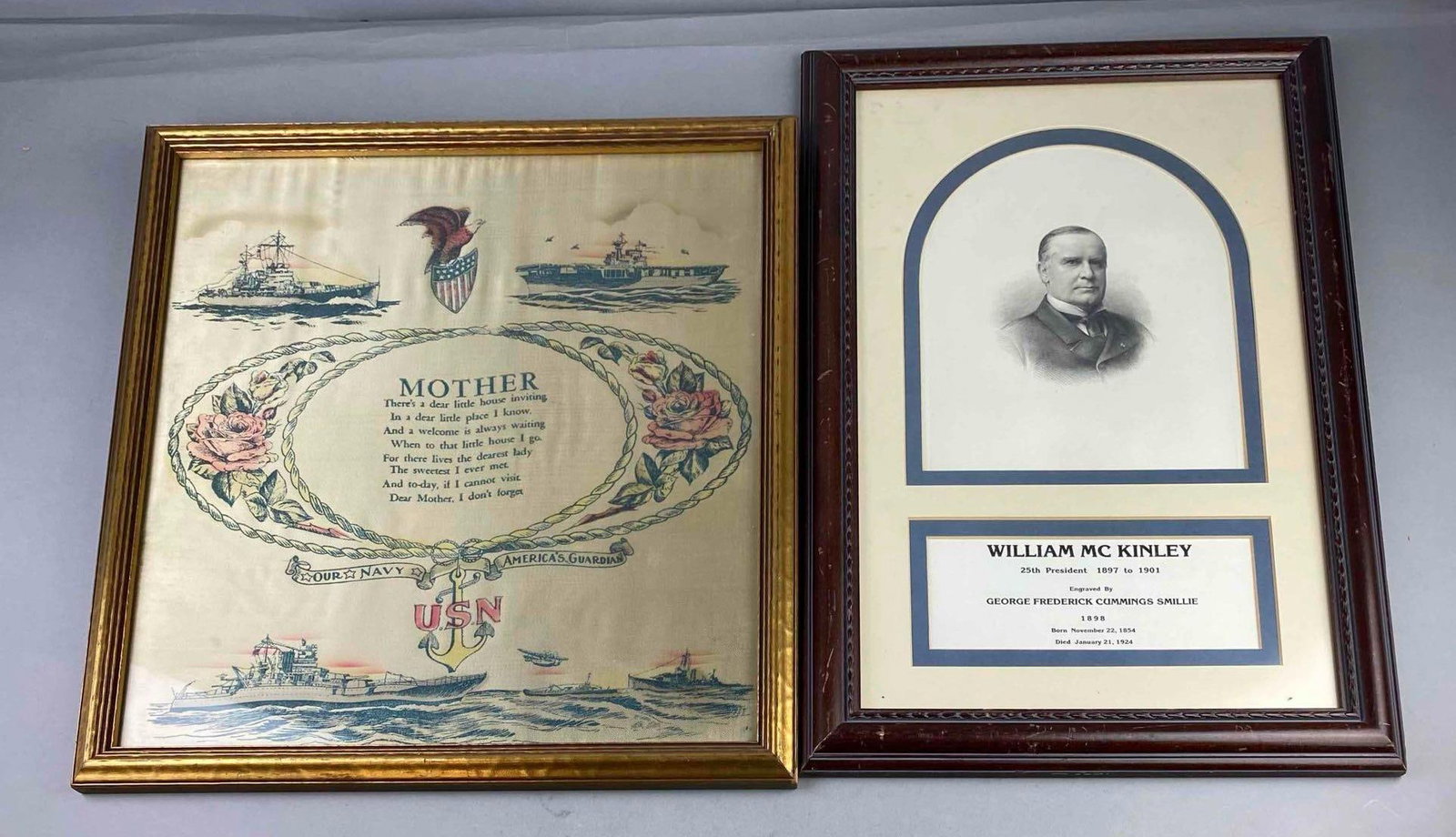 Framed WW2 USN Mother Poem Pillow Cover and More: Includes William Mc Kinley 25th President Commerative piece. Largest measures L 21 x W 14 inches.