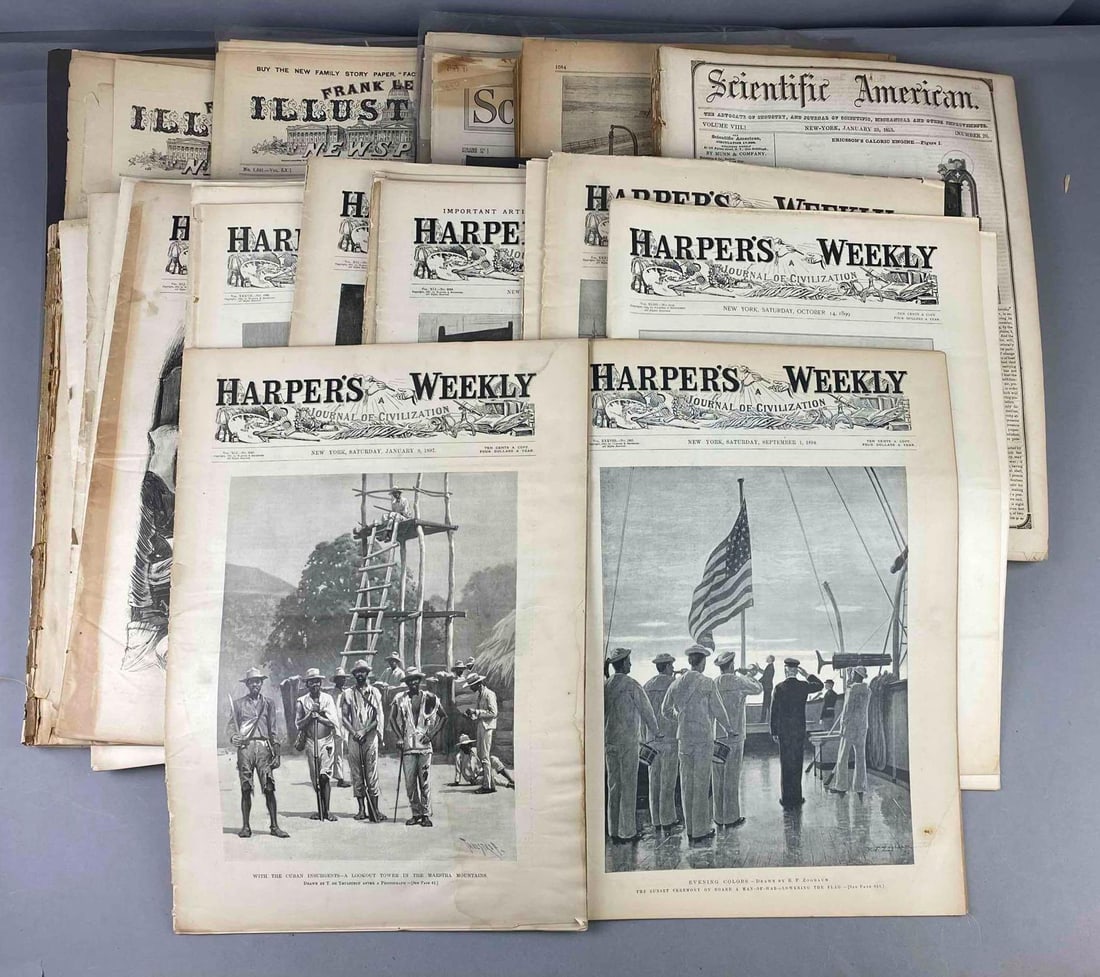 Group of Assorted Antique Harper?s Weekly Magazines and More: Includes 1863 Scientific American Magazines, 1885 Frank Leslie?s Illustrated Newspaper, and more. Largest measures L 15 x W 11 inches. Rips and tears throughout.