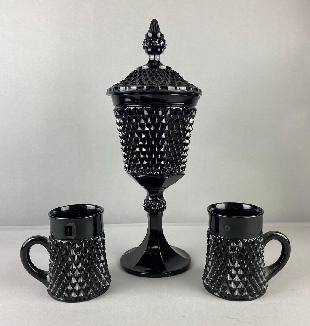 Group of 3 Vintage Tiara Indiana Glass Black Diamond Point Candy Dish and Mugs (1 of 2)