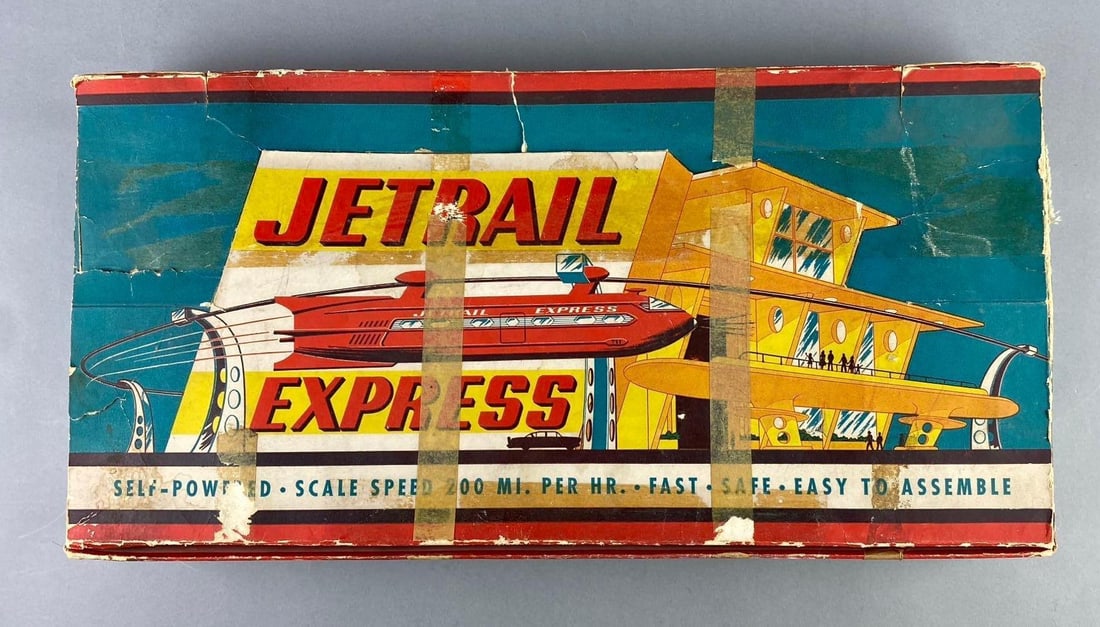 Vintage 1960?s Jetrail Express Monorail Toy Set: Mfg by Product Design Corporation. Untested. Like new in original packaging. Package measure H 9 x W 2 1/2 x L 18 inches.