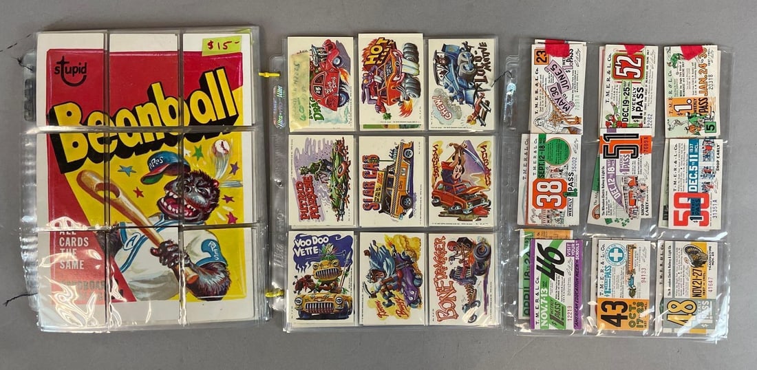 Group of Vintage Trading Cards and More: Includes wacky packages, 1980 weird wheels, Milwaukee transport passes