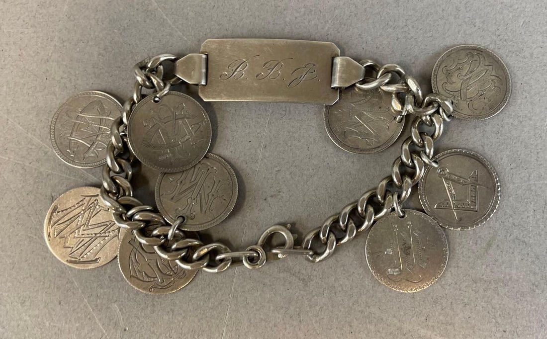Antique Sterling Silver Masonic Love Token Charm Bracelet: Initialed, includes 1851, 1883 tokens, 8"