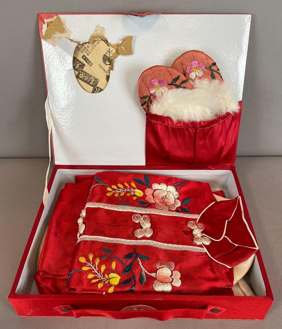 Chinese Embroidered Red Satin Childrens Pajama Set (1 of 4)