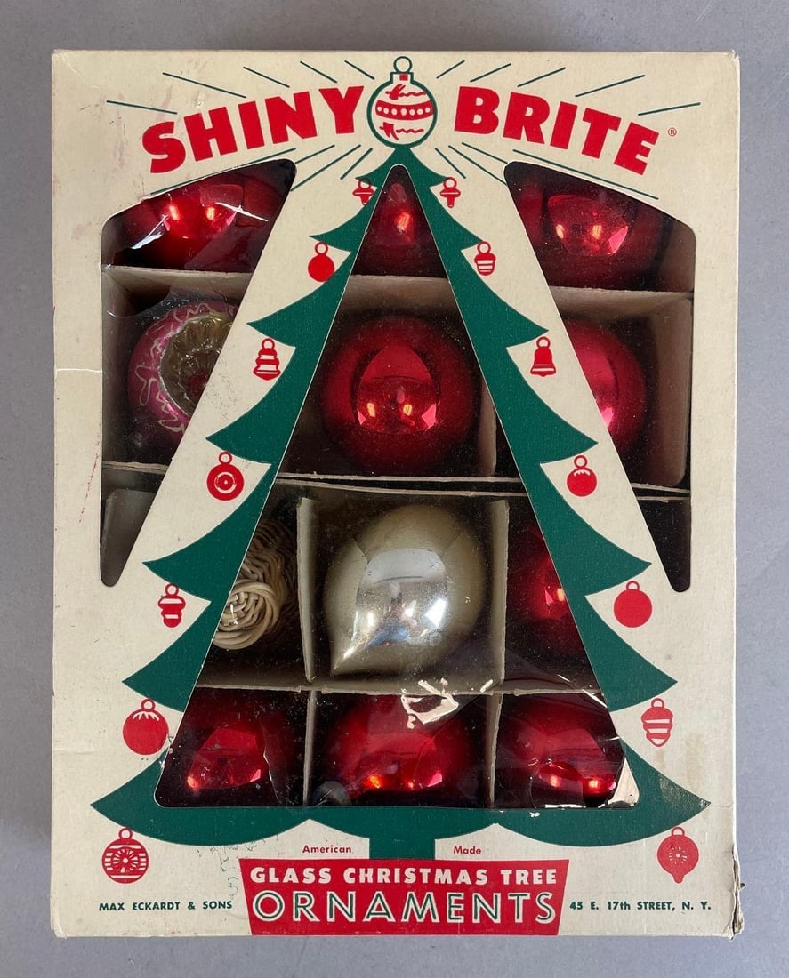 Group of Vintage Shiny Brite Glass Christmas Ornaments: 9/12, original box measures 11" x 8 1/2" x 2 1/2"