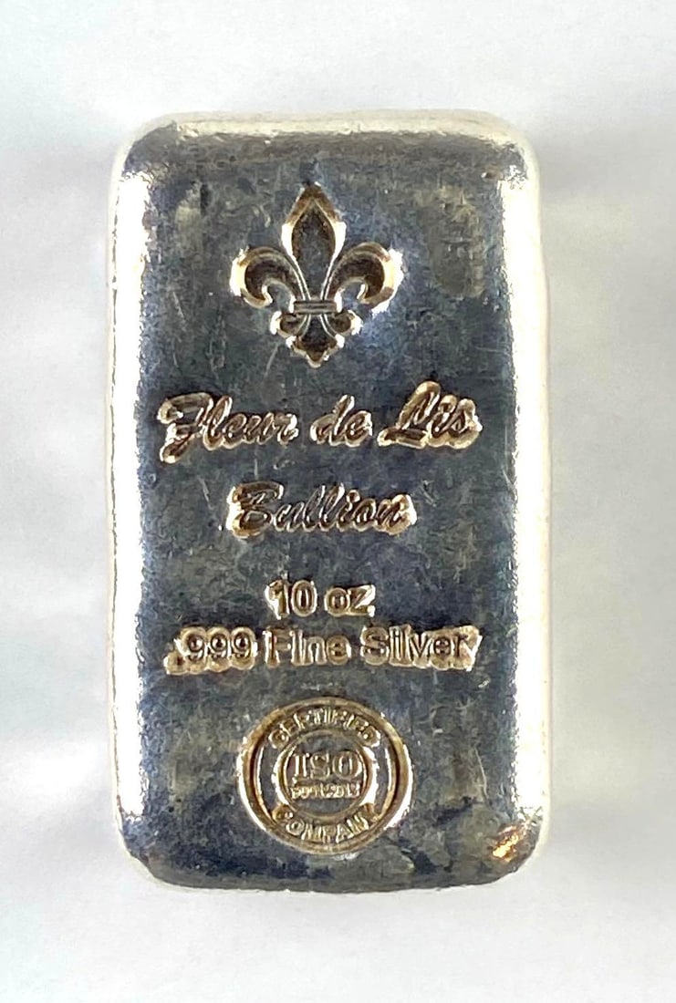 Fleur De Lis Bullion 10 Oz .999 Fine Silver Ingot/ Bar: Fleur De Lis Bullion 10 Oz .999 Fine Silver Ingot/ Bar