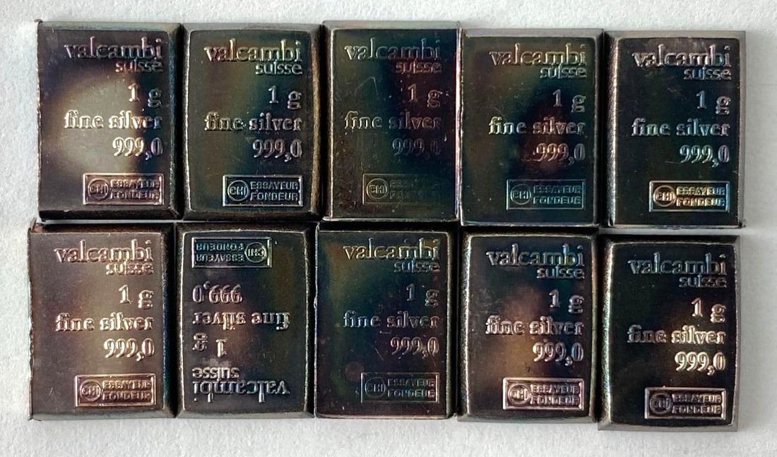 Group of 10 Valcambi Suisse 1 Gram .999 Silver Ingot/Bars: Group of 10 Valcambi Suisse 1 Gram .999 Silver Ingot/Bars