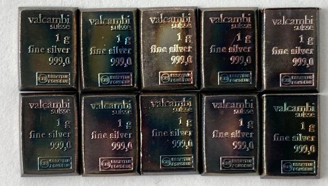 Group of 10 Valcambi Suisse 1 Gram .999 Silver Ingot/Bars: Group of 10 Valcambi Suisse 1 Gram .999 Silver Ingot/Bars
