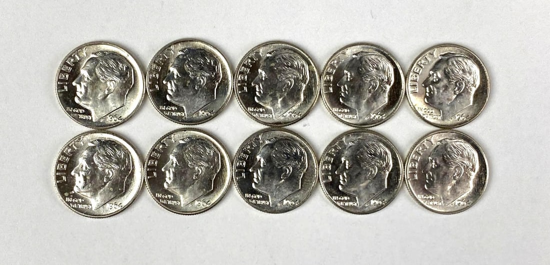 Group of BU 10 US 1964 Roosevelt Silver Dimes: Group of 10 US 1964 Roosevelt Silver Dimes