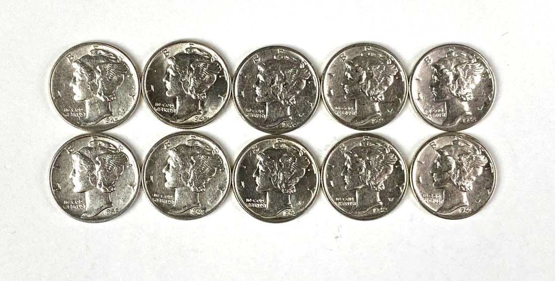 Group of 10 AU/UNC US Mercury Silver Dimes: 1940's. some lots may contain different dates than shown.? These are from a large group of very nice AU/UNC Mercury Dimes